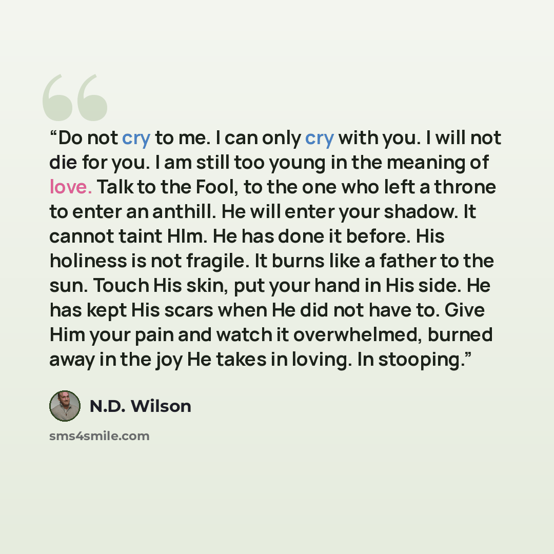 “Do not cry to me. I can only cry with you. I will not die for you. I am still too young in the meaning of love. Talk to the Fool, to the one who left a throne to enter an anthill. He will enter your shadow. It cannot taint HIm. He has done it before. His holiness is not fragile. It burns like a…” quote by N.D. Wilson