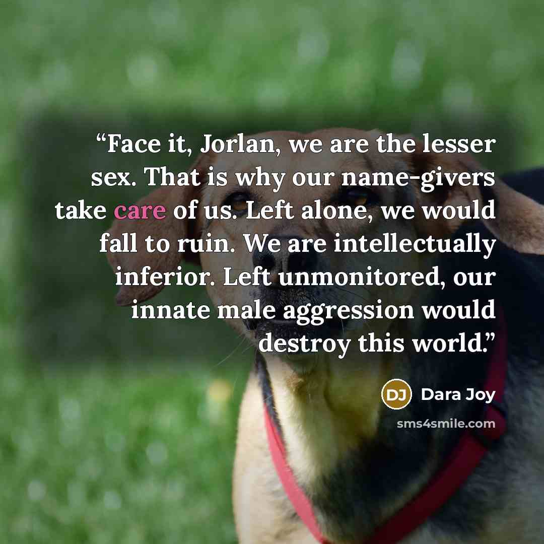 “Face it, Jorlan, we are the lesser sex. That is why our name-givers take care of us. Left alone, we would fall to ruin. We are intellectually inferior. Left unmonitored, our innate male aggression would destroy this world.” quote by Dara Joy