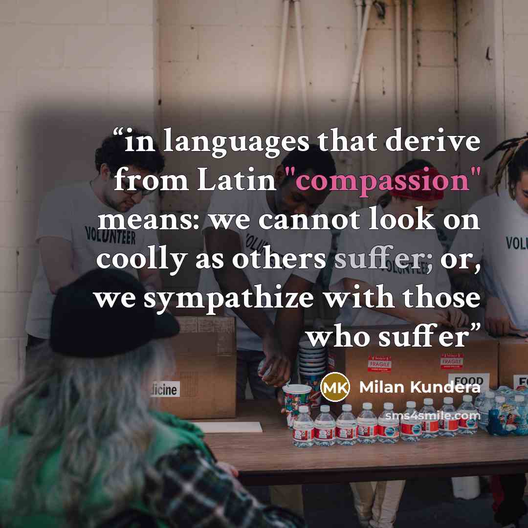 “in languages that derive from Latin "compassion" means: we cannot look on coolly as others suffer; or, we sympathize with those who suffer” quote by Milan Kundera