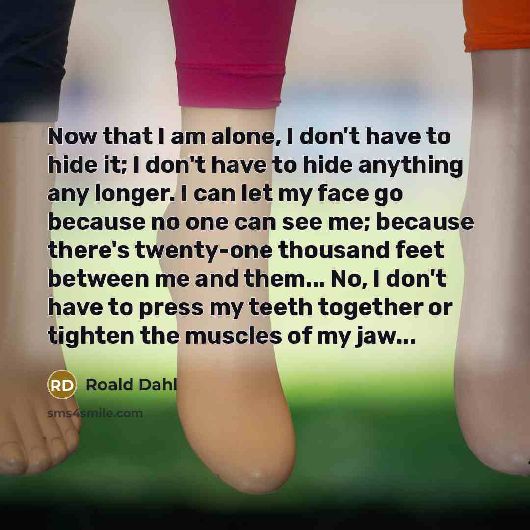 “Now that I am alone, I don't have to hide it; I don't have to hide anything any longer. I can let my face go because no one can see me; because there's twenty-one thousand feet between me and them... No, I don't have to press my teeth together or tighten the muscles of my jaw...” quote by Roald Dahl