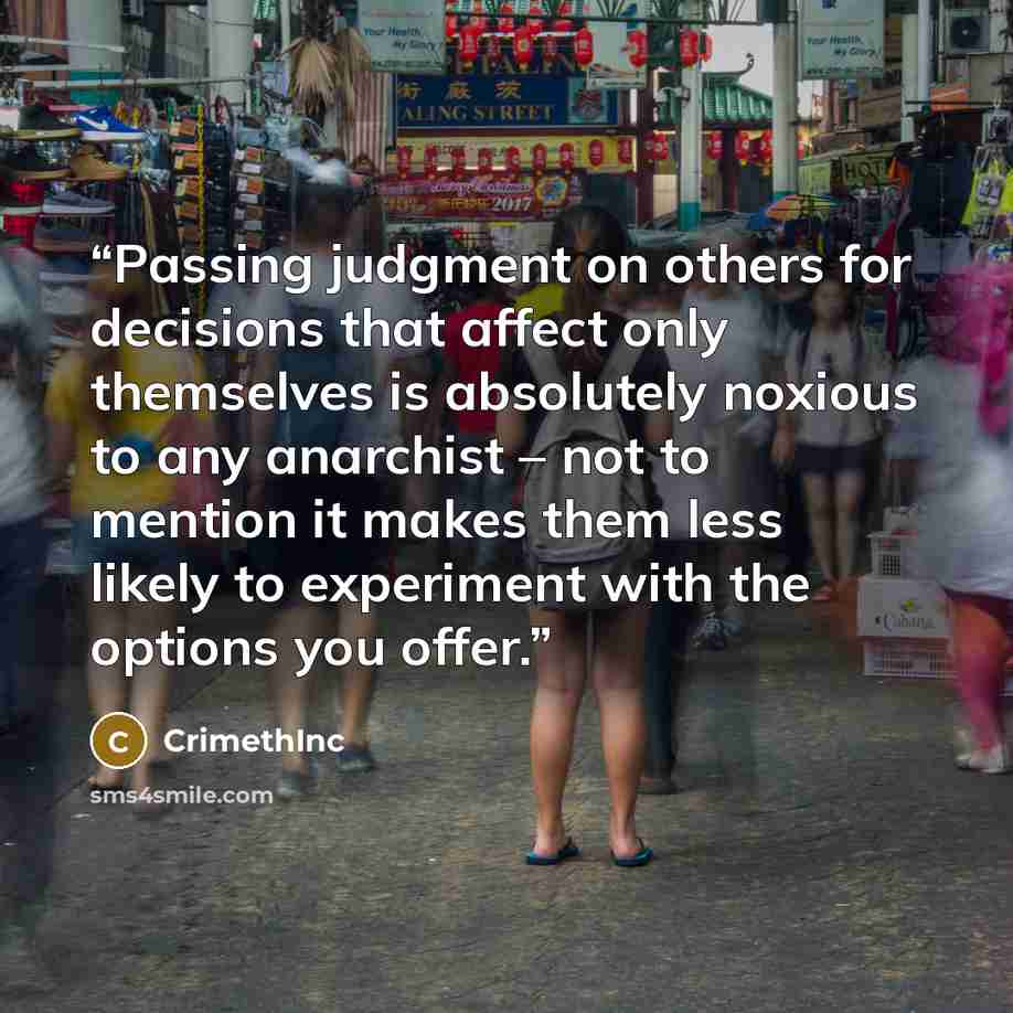 “Passing judgment on others for decisions that affect only themselves is absolutely noxious to any anarchist – not to mention it makes them less likely to experiment with the options you offer.” quote by Crimethinc