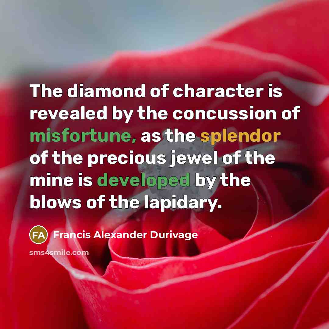 “The diamond of character is revealed by the concussion of misfortune, as the splendor of the precious jewel of the mine is developed by the blows of the lapidary.” quote by Francis Alexander Durivage
