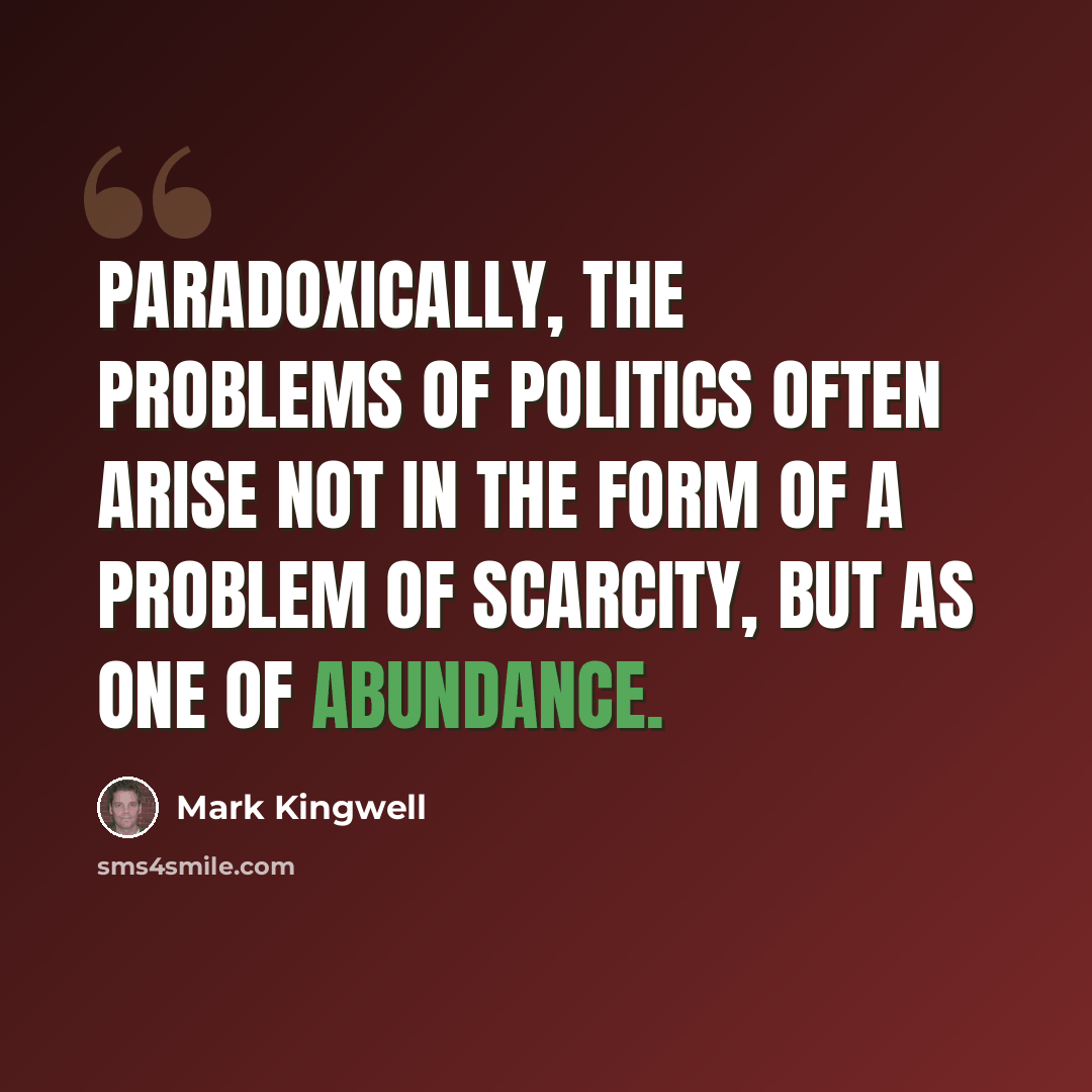 “Paradoxically, the problems of politics often arise not in the form of a problem of scarcity, but as one of abundance.” quote by Mark Kingwell
