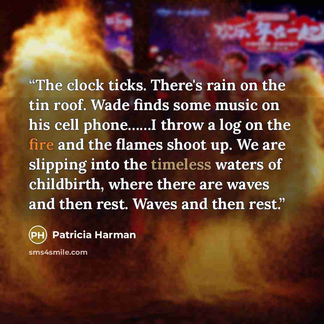 “The clock ticks. There's rain on the tin roof. Wade finds some music on his cell phone……I throw a log on the fire and the flames shoot up. We are slipping into the timeless waters of childbirth, where there are waves and then rest. Waves and then rest.” quote by Patricia Harman