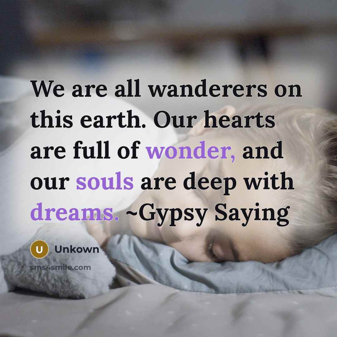 “We are all wanderers on this earth. Our hearts are full of wonder, and our souls are deep with dreams. ~Gypsy Saying” quote by Unkown