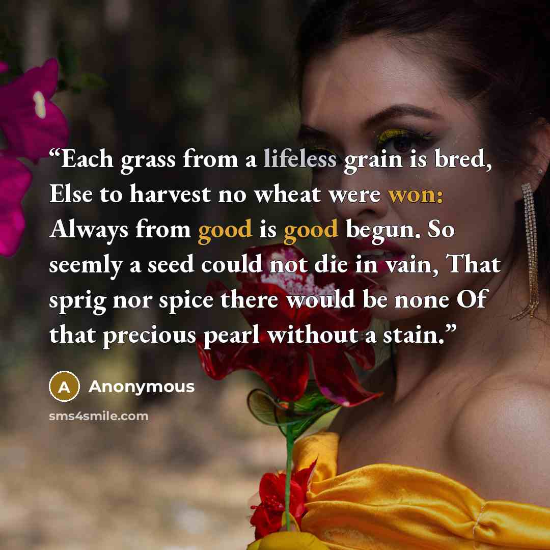 “Each grass from a lifeless grain is bred, Else to harvest no wheat were won: Always from good is good begun. So seemly a seed could not die in vain, That sprig nor spice there would be none Of that precious pearl without a stain.” quote by Anonymous