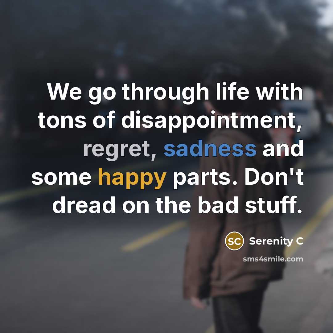 “We go through life with tons of disappointment, regret, sadness and some happy parts. Don't dread on the bad stuff.” quote by Serenity C