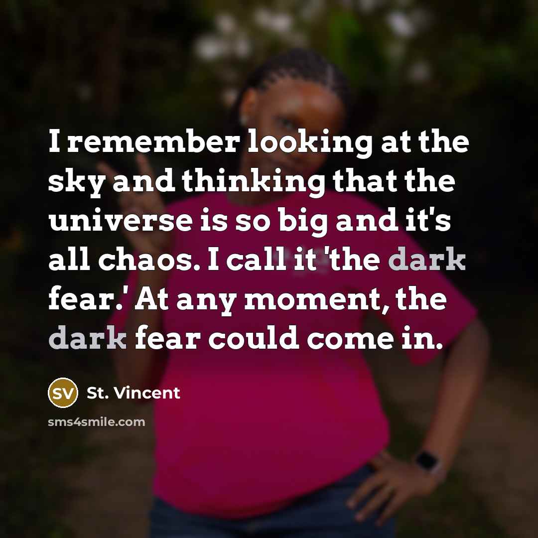 “I remember looking at the sky and thinking that the universe is so big and it's all chaos. I call it 'the dark fear.' At any moment, the dark fear could come in.” quote by St. Vincent