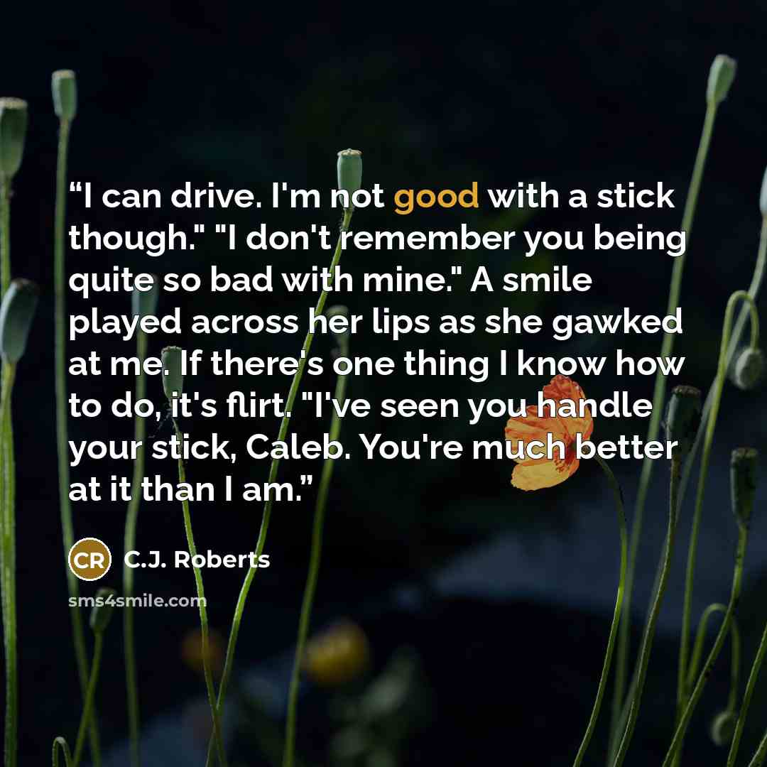 “I can drive. I'm not good with a stick though." "I don't remember you being quite so bad with mine." A smile played across her lips as she gawked at me. If there's one thing I know how to do, it's flirt. "I've seen you handle your stick, Caleb. You're much better at it than I am.” quote by C.J. Roberts