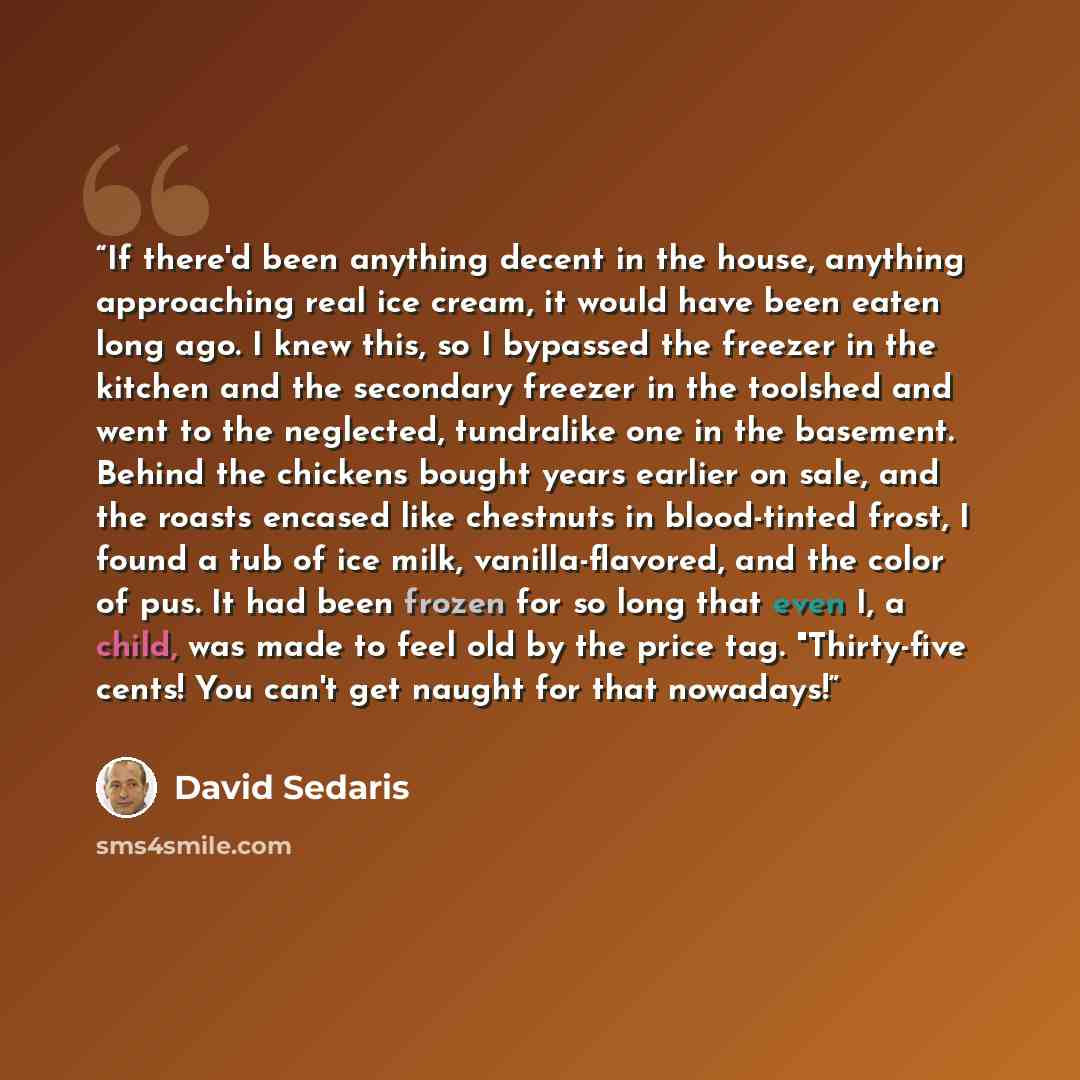 “If there'd been anything decent in the house, anything approaching real ice cream, it would have been eaten long ago. I knew this, so I bypassed the freezer in the kitchen and the secondary freezer in the toolshed and went to the neglected, tundralike one in the basement. Behind the chickens…” quote by David Sedaris