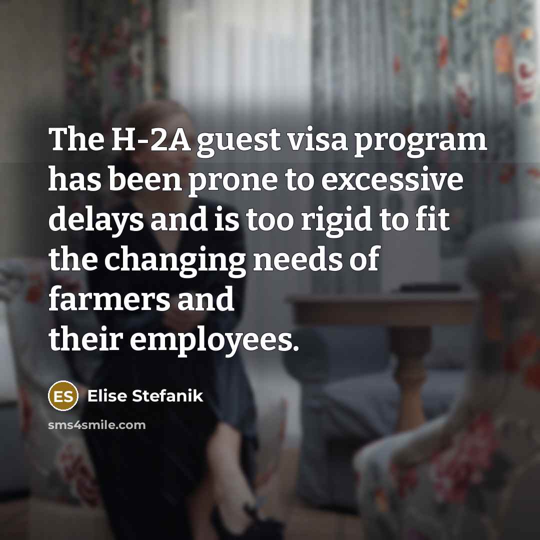 “The H-2A guest visa program has been prone to excessive delays and is too rigid to fit the changing needs of farmers and their employees.” quote by Elise Stefanik