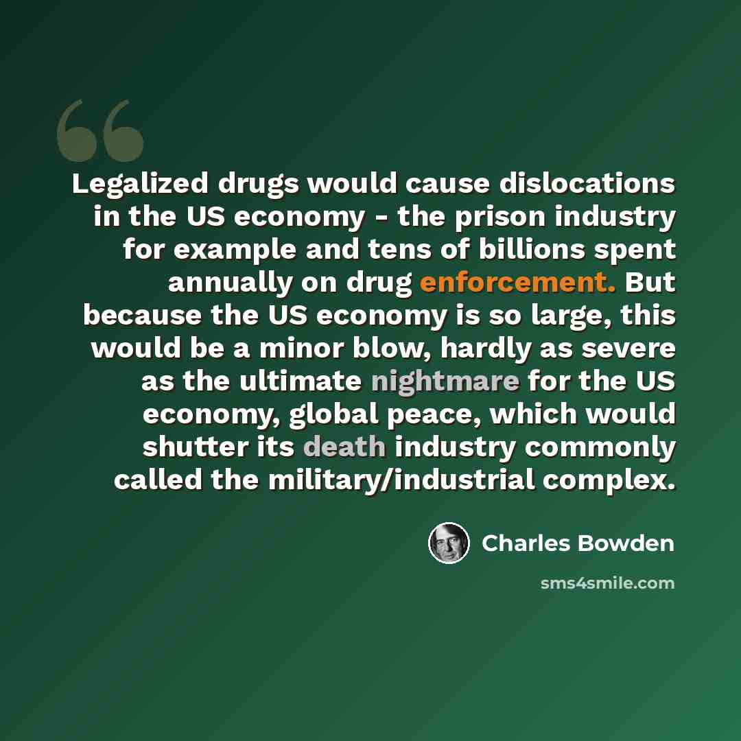 “Legalized drugs would cause dislocations in the US economy - the prison industry for example and tens of billions spent annually on drug enforcement. But because the US economy is so large, this would be a minor blow, hardly as severe as the ultimate nightmare for the US economy, global peace…” quote by Charles Bowden