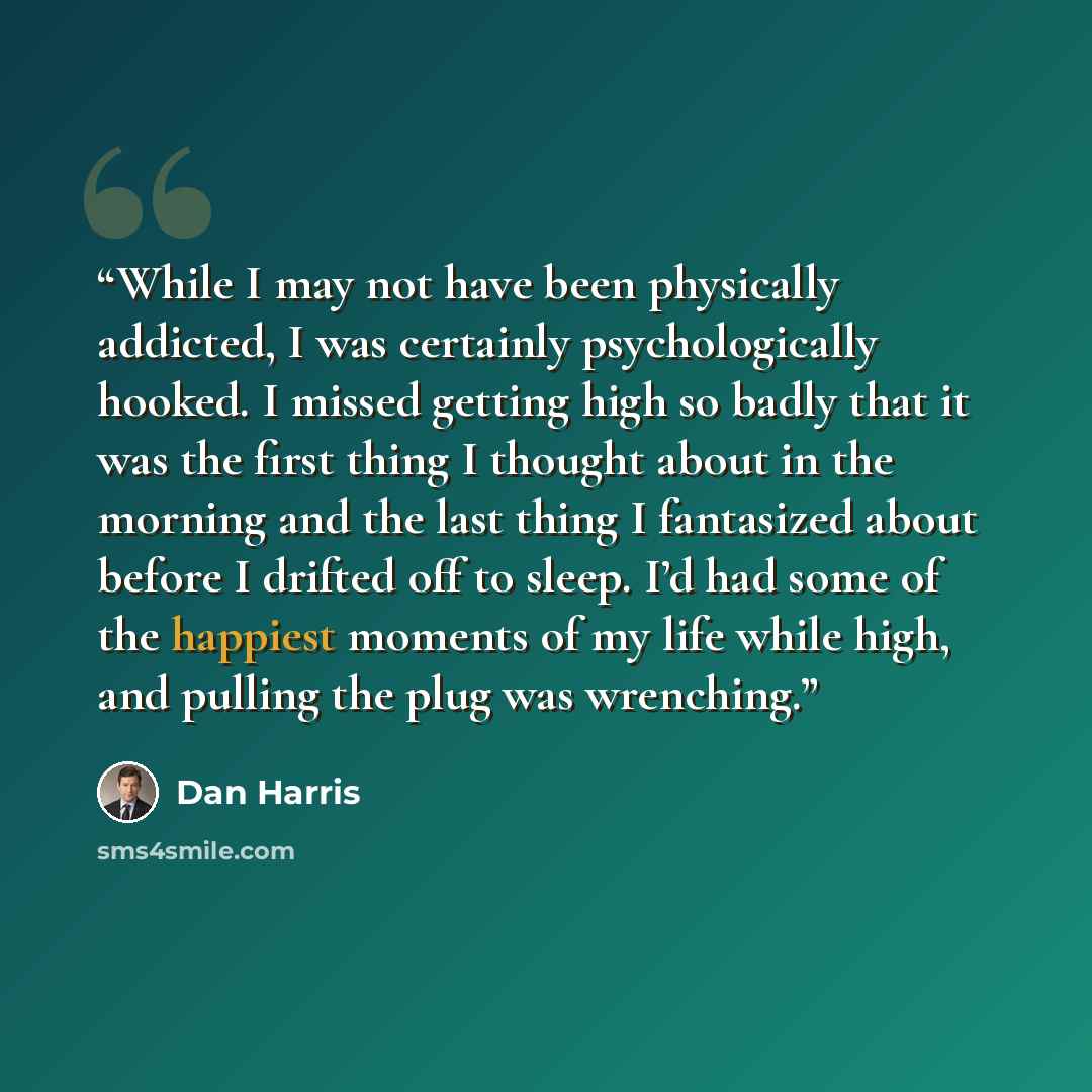“While I may not have been physically addicted, I was certainly psychologically hooked. I missed getting high so badly that it was the first thing I thought about in the morning and the last thing I fantasized about before I drifted off to sleep. I’d had some of the happiest moments of my life…” quote by Dan Harris