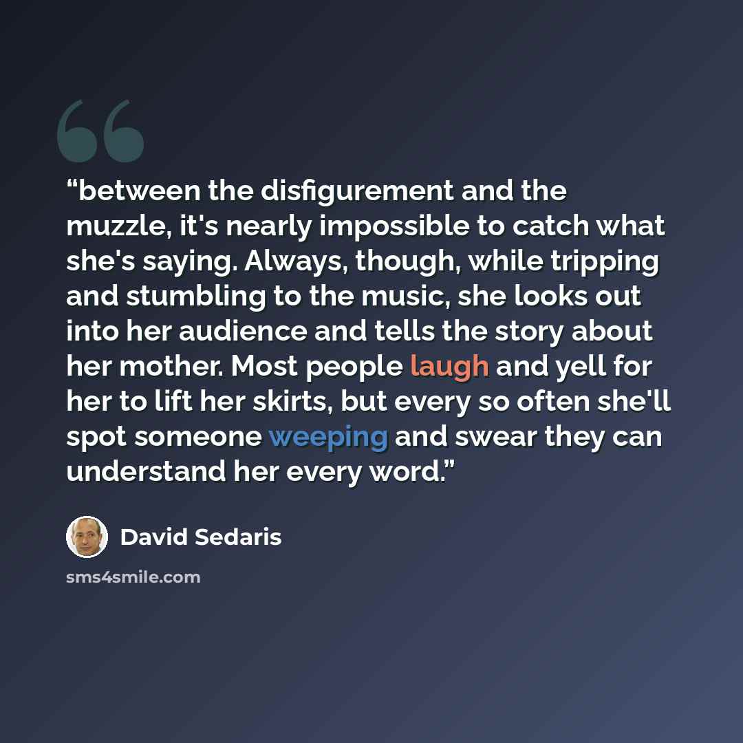 “between the disfigurement and the muzzle, it's nearly impossible to catch what she's saying. Always, though, while tripping and stumbling to the music, she looks out into her audience and tells the story about her mother. Most people laugh and yell for her to lift her skirts, but every so often…” quote by David Sedaris