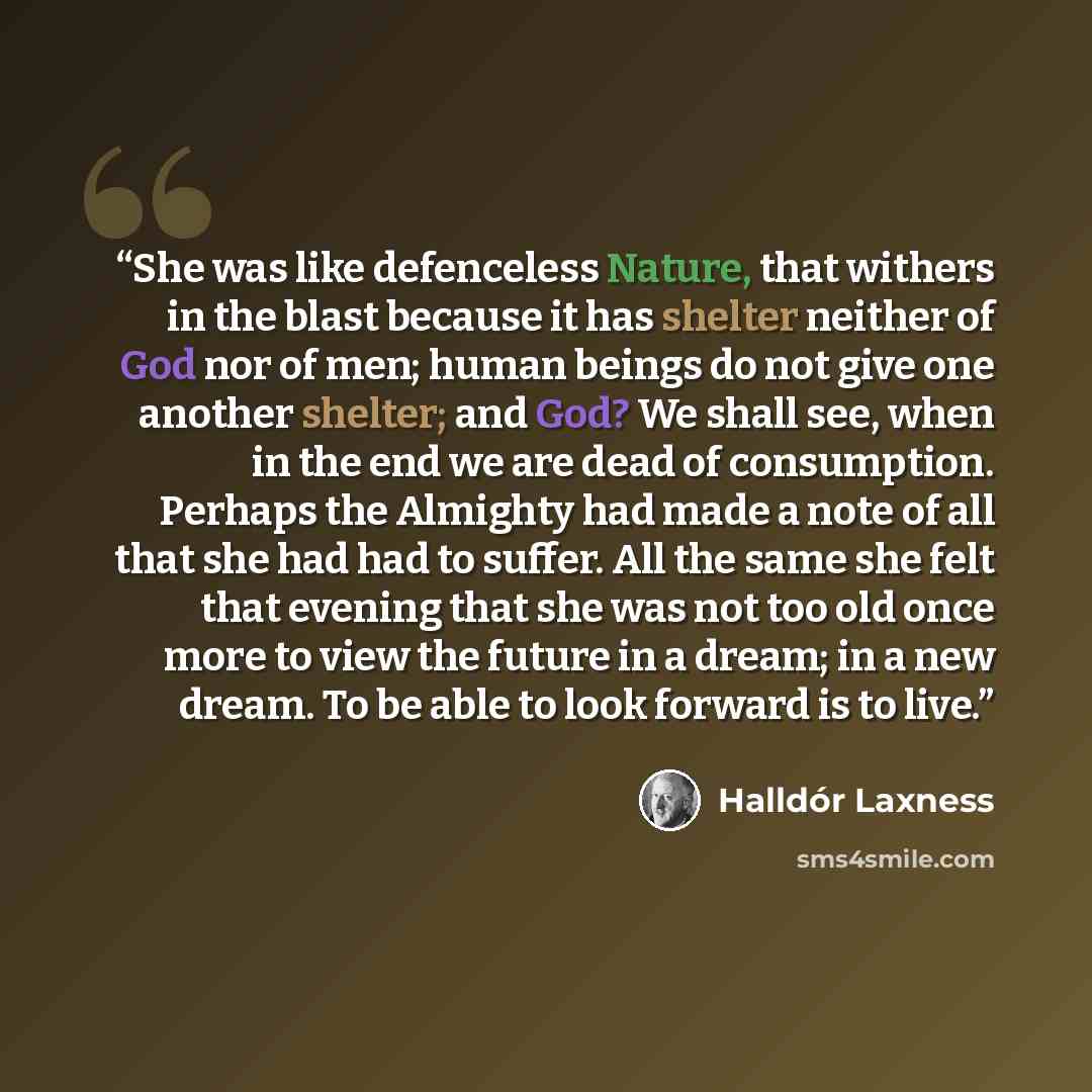“She was like defenceless Nature, that withers in the blast because it has shelter neither of God nor of men; human beings do not give one another shelter; and God? We shall see, when in the end we are dead of consumption. Perhaps the Almighty had made a note of all that she had had to suffer. All…” quote by Halldór Laxness