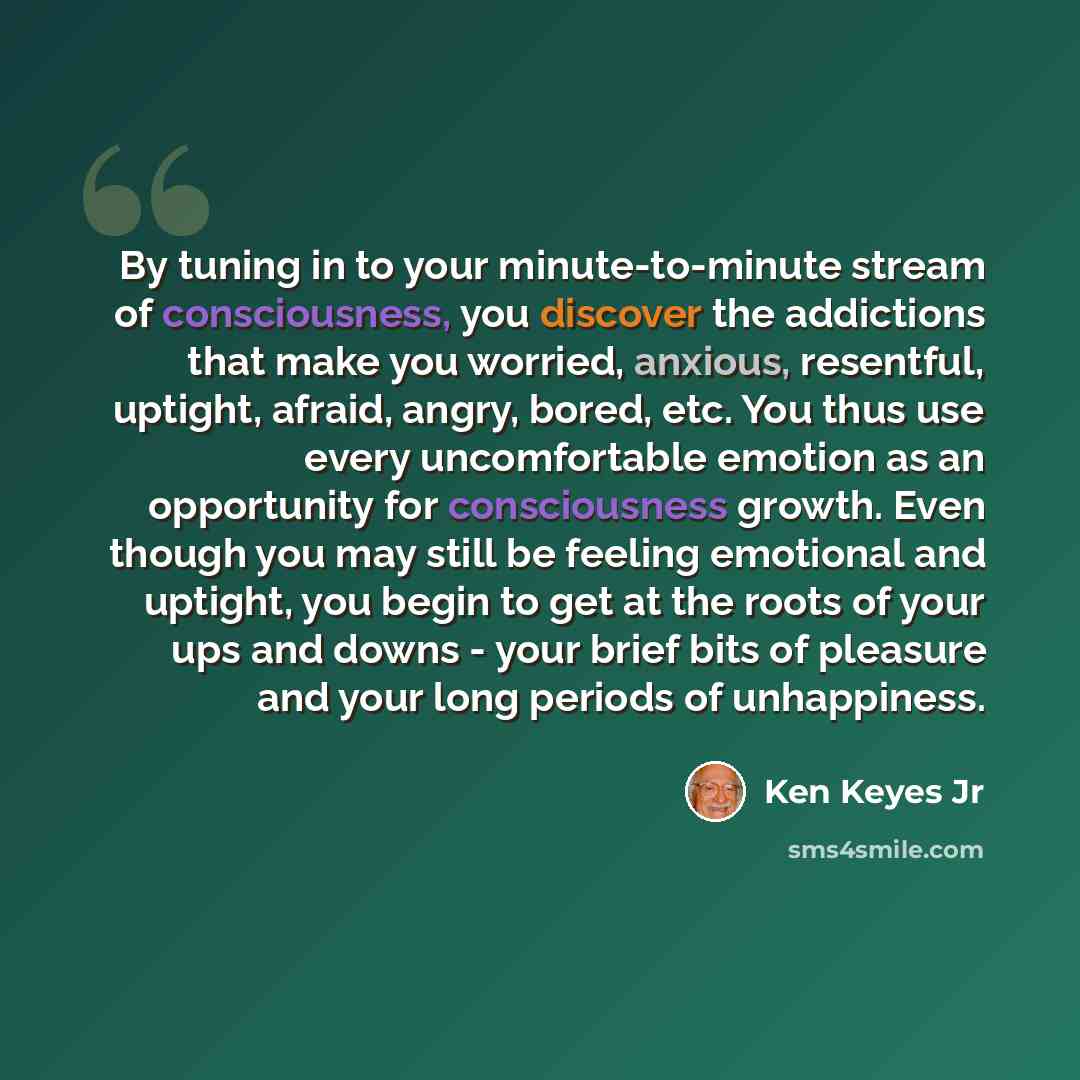“By tuning in to your minute-to-minute stream of consciousness, you discover the addictions that make you worried, anxious, resentful, uptight, afraid, angry, bored, etc. You thus use every uncomfortable emotion as an opportunity for consciousness growth. Even though you may still be feeling…” quote by Ken Keyes Jr