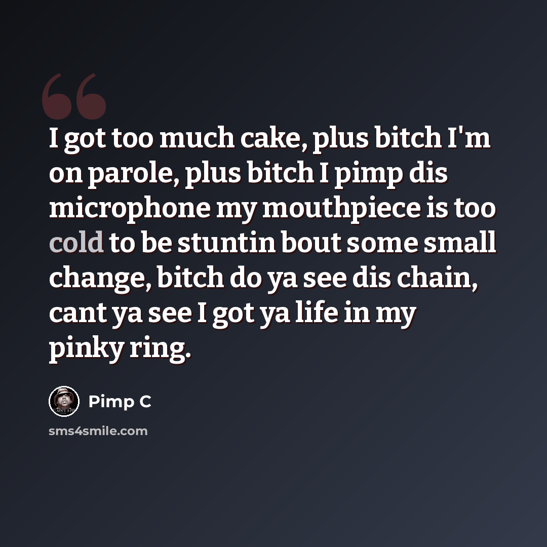 “I got too much cake, plus bitch I'm on parole, plus bitch I pimp dis microphone my mouthpiece is too cold to be stuntin bout some small change, bitch do ya see dis chain, cant ya see I got ya life in my pinky ring.” quote by Pimp C