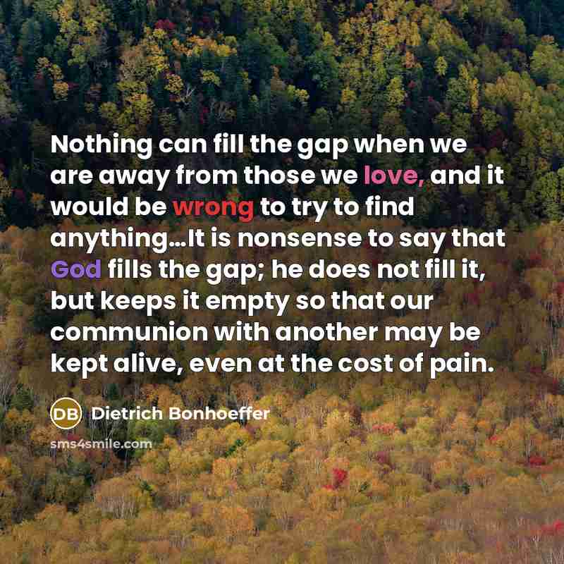 “Nothing can fill the gap when we are away from those we love, and it would be wrong to try to find anything…It is nonsense to say that God fills the gap; he does not fill it, but keeps it empty so that our communion with another may be kept alive, even at the cost of pain.” quote by Dietrich Bonhoeffer