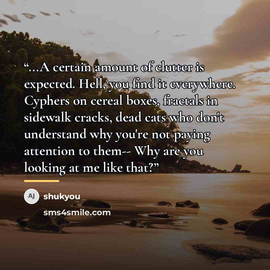 “...A certain amount of clutter is expected. Hell, you find it everywhere. Cyphers on cereal boxes, fractals in sidewalk cracks, dead cats who don't understand why you're not paying attention to them-- Why are you looking at me like that?” quote by shukyou