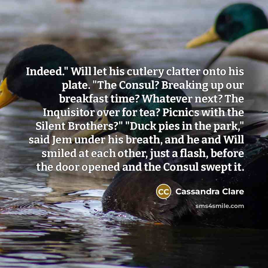 “Indeed." Will let his cutlery clatter onto his plate. "The Consul? Breaking up our breakfast time? Whatever next? The Inquisitor over for tea? Picnics with the Silent Brothers?" "Duck pies in the park," said Jem under his breath, and he and Will smiled at each other, just a flash, before the door…” quote by Cassandra Clare