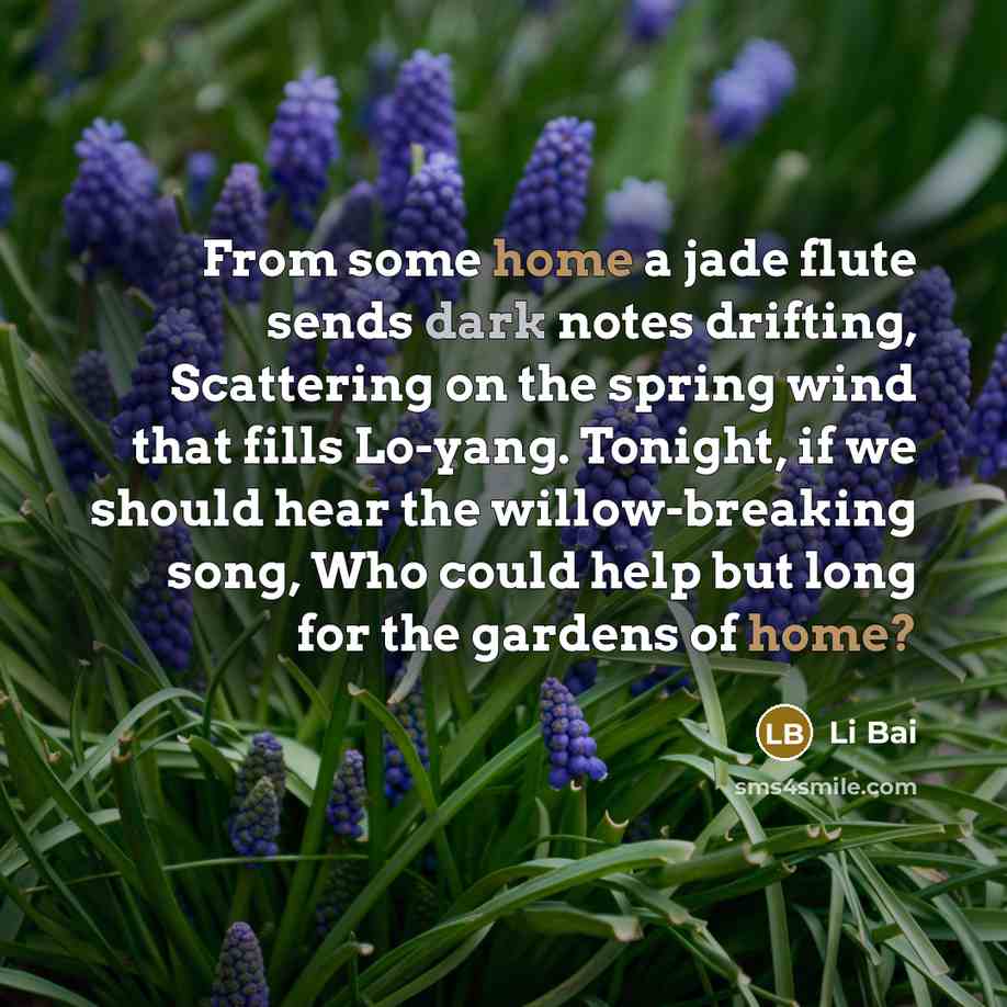 “From some home a jade flute sends dark notes drifting, Scattering on the spring wind that fills Lo-yang. Tonight, if we should hear the willow-breaking song, Who could help but long for the gardens of home?” quote by Li Bai