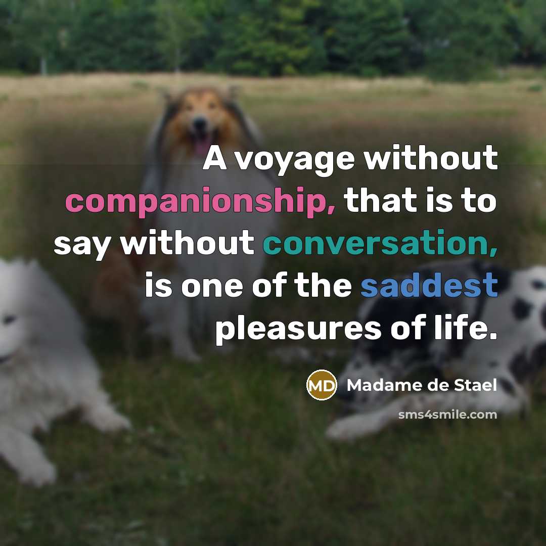 “A voyage without companionship, that is to say without conversation, is one of the saddest pleasures of life.” quote by Madame de Stael