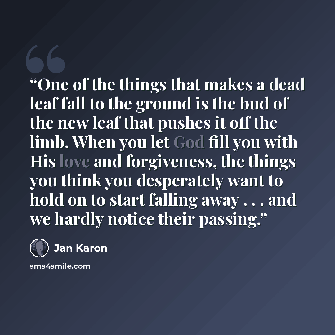 “One of the things that makes a dead leaf fall to the ground is the bud of the new leaf that pushes it off the limb. When you let God fill you with His love and forgiveness, the things you think you desperately want to hold on to start falling away . . . and we hardly notice their passing.” quote by Jan Karon