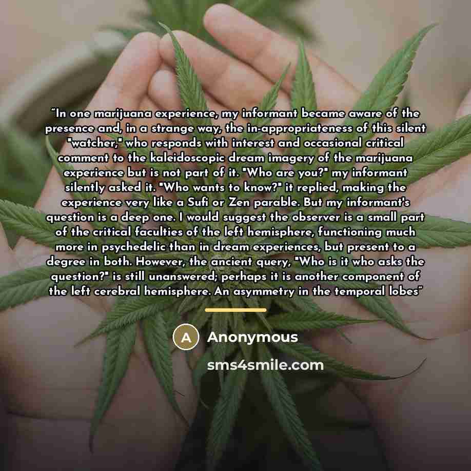 “In one marijuana experience, my informant became aware of the presence and, in a strange way, the in-appropriateness of this silent "watcher," who responds with interest and occasional critical comment to the kaleidoscopic dream imagery of the marijuana experience but is not part of it. "Who are…” quote by Anonymous