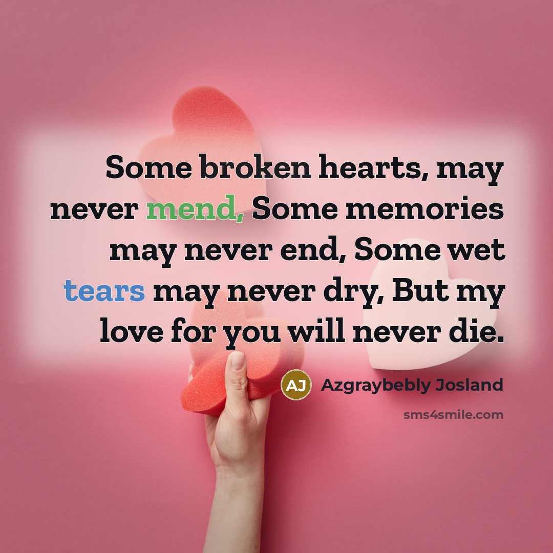 “Some broken hearts, may never mend, Some memories may never end, Some wet tears may never dry, But my love for you will never die.” quote by Azgraybebly Josland
