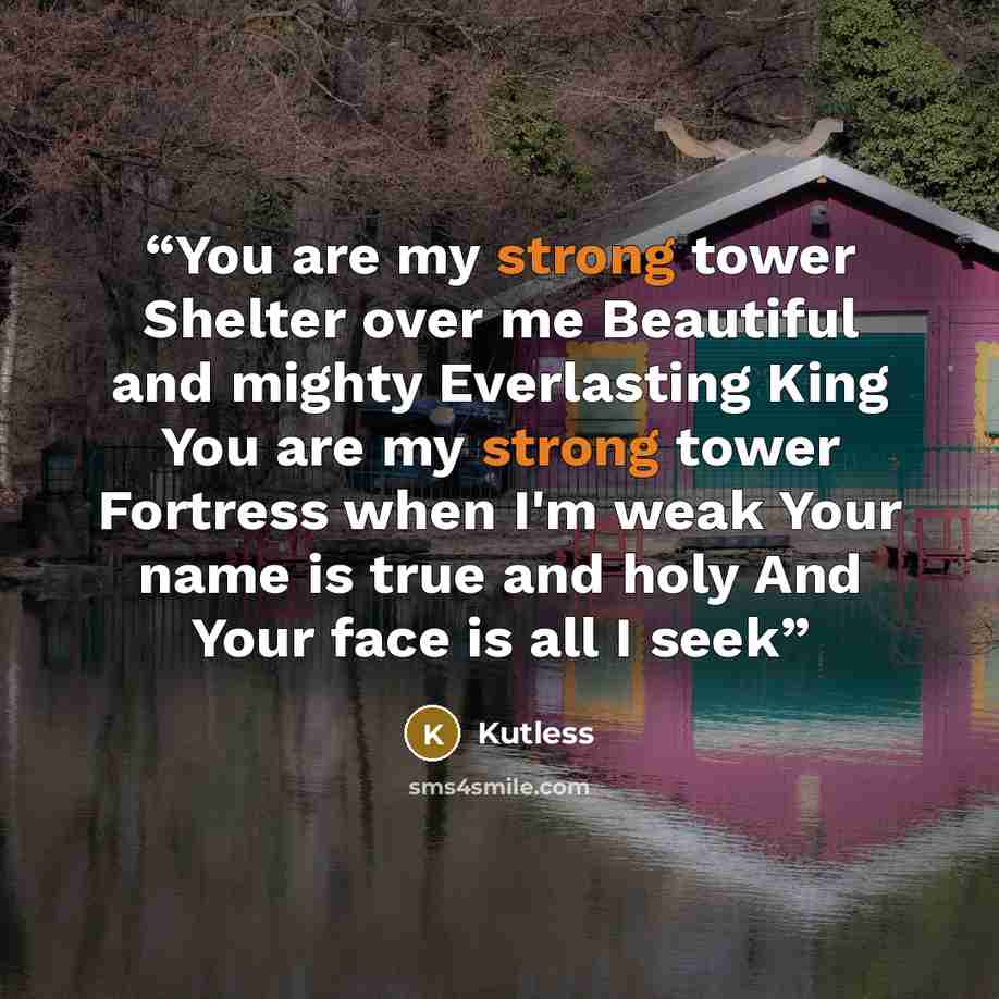 “You are my strong tower Shelter over me Beautiful and mighty Everlasting King You are my strong tower Fortress when I'm weak Your name is true and holy And Your face is all I seek” quote by kutless