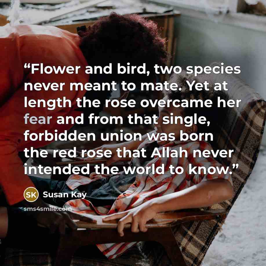 “Flower and bird, two species never meant to mate. Yet at length the rose overcame her fear and from that single, forbidden union was born the red rose that Allah never intended the world to know.” quote by Susan Kay