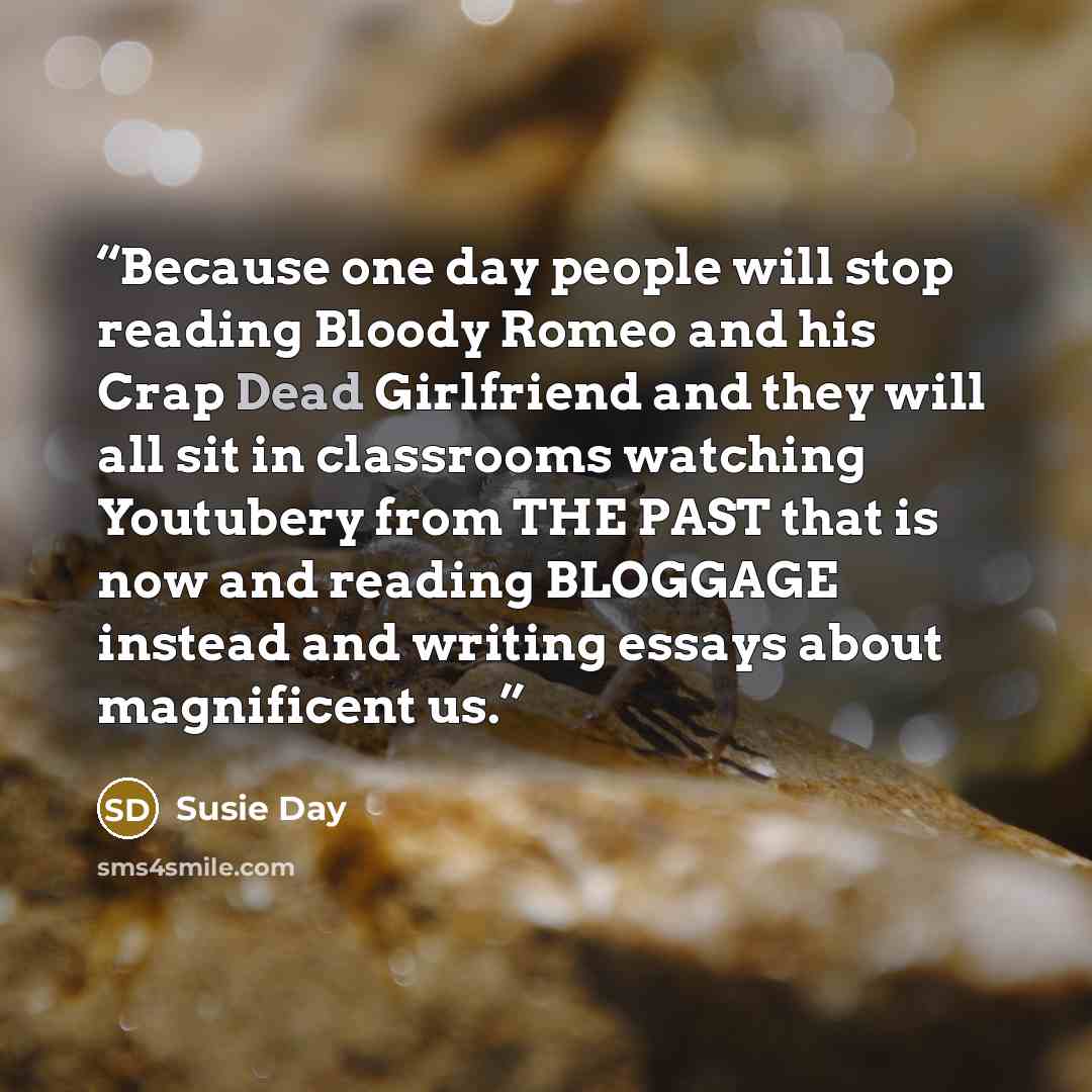 “Because one day people will stop reading Bloody Romeo and his Crap Dead Girlfriend and they will all sit in classrooms watching Youtubery from THE PAST that is now and reading BLOGGAGE instead and writing essays about magnificent us.” quote by Susie Day