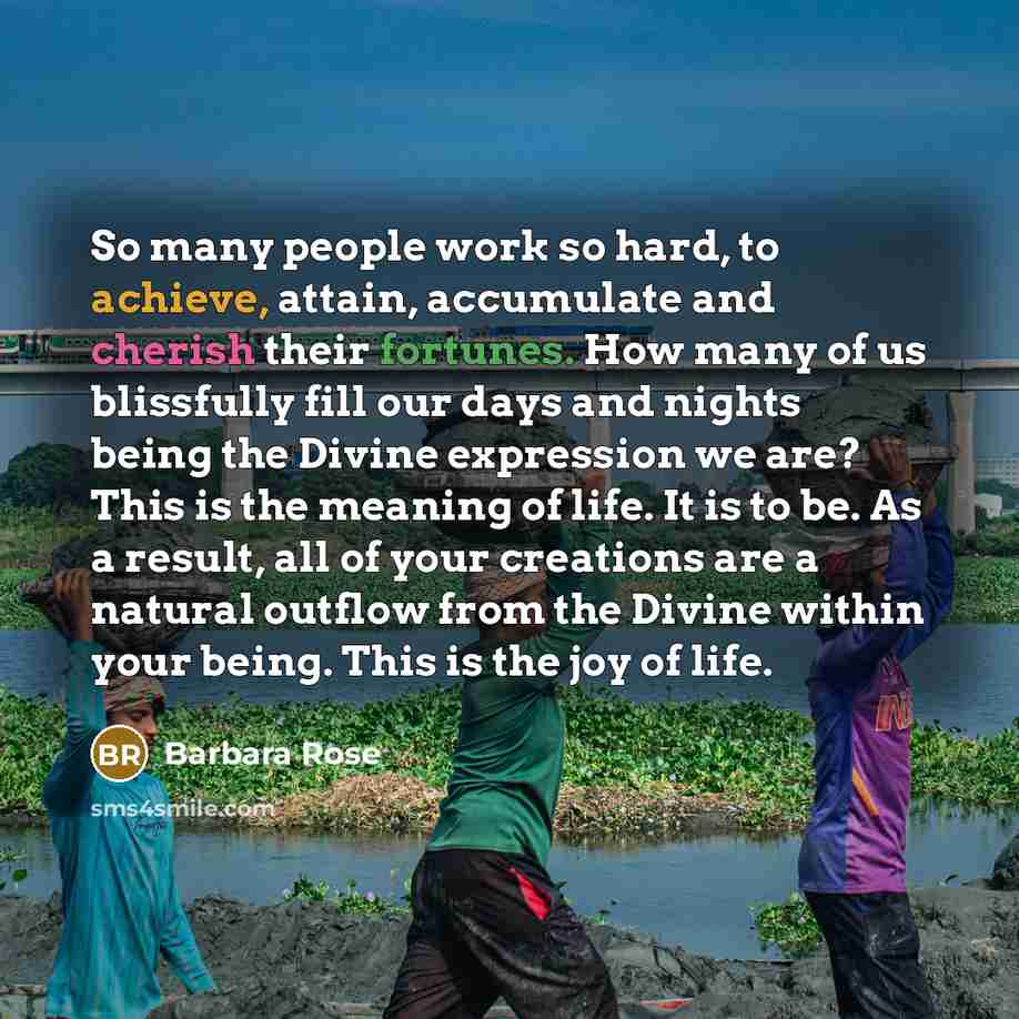 “So many people work so hard, to achieve, attain, accumulate and cherish their fortunes. How many of us blissfully fill our days and nights being the Divine expression we are? This is the meaning of life. It is to be. As a result, all of your creations are a natural outflow from the Divine within…” quote by Barbara Rose