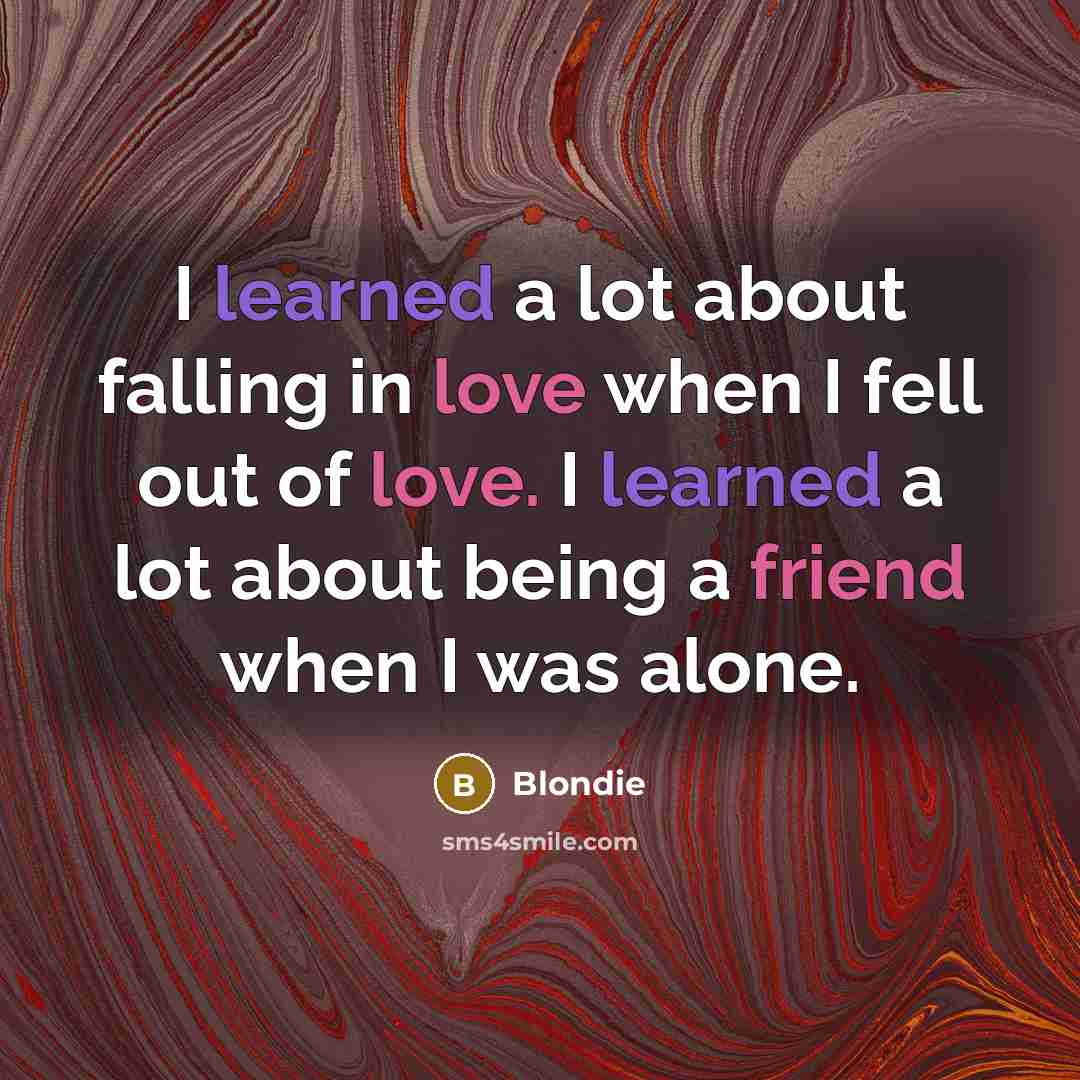 “I learned a lot about falling in love when I fell out of love. I learned a lot about being a friend when I was alone.” quote by Blondie