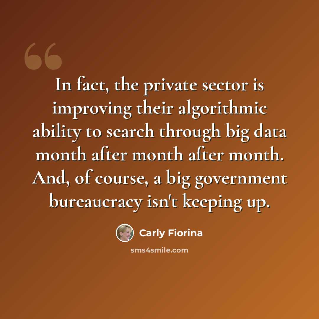 “In fact, the private sector is improving their algorithmic ability to search through big data month after month after month. And, of course, a big government bureaucracy isn't keeping up.” quote by Carly Fiorina