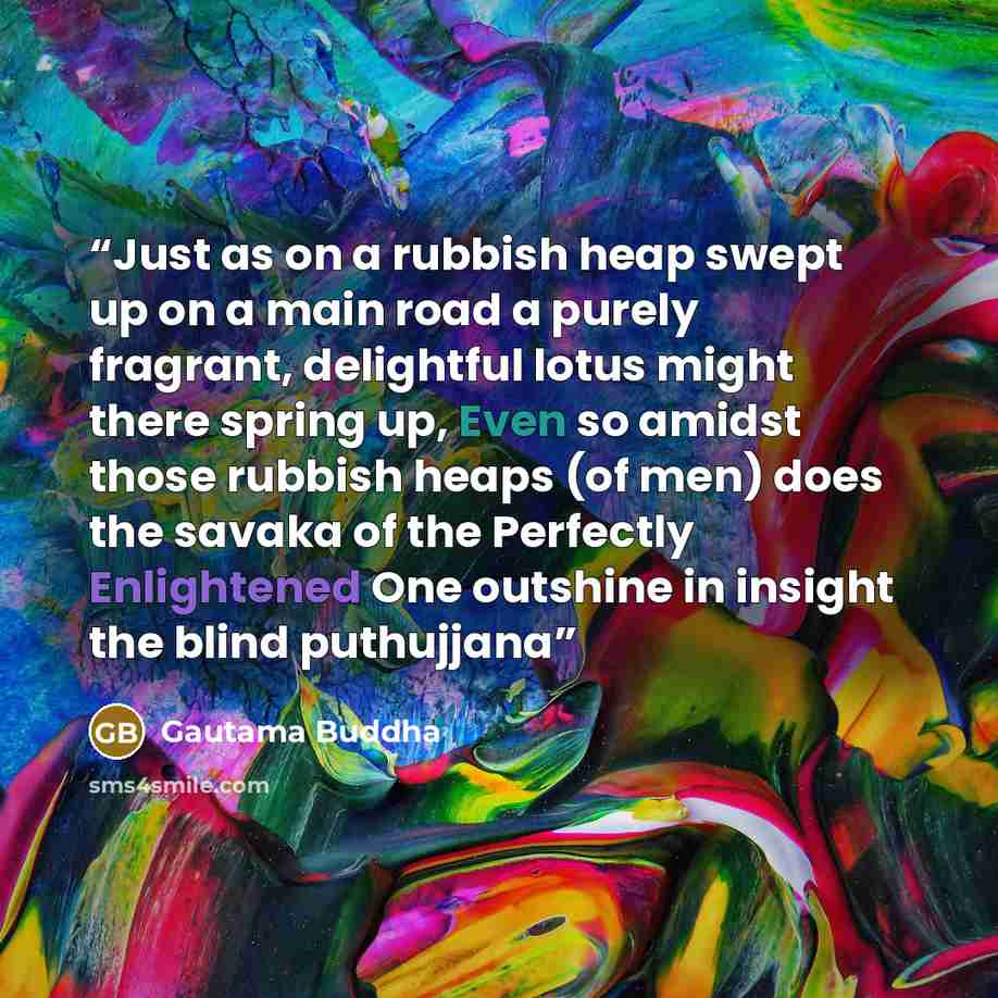 “Just as on a rubbish heap swept up on a main road a purely fragrant, delightful lotus might there spring up, Even so amidst those rubbish heaps (of men) does the savaka of the Perfectly Enlightened One outshine in insight the blind puthujjana” quote by Gautama Buddha