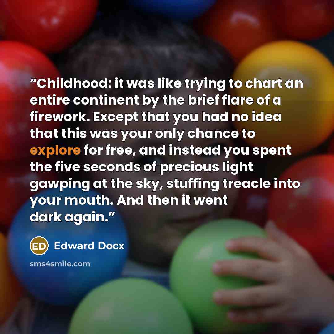“Childhood: it was like trying to chart an entire continent by the brief flare of a firework. Except that you had no idea that this was your only chance to explore for free, and instead you spent the five seconds of precious light gawping at the sky, stuffing treacle into your mouth. And then it…” quote by Edward Docx