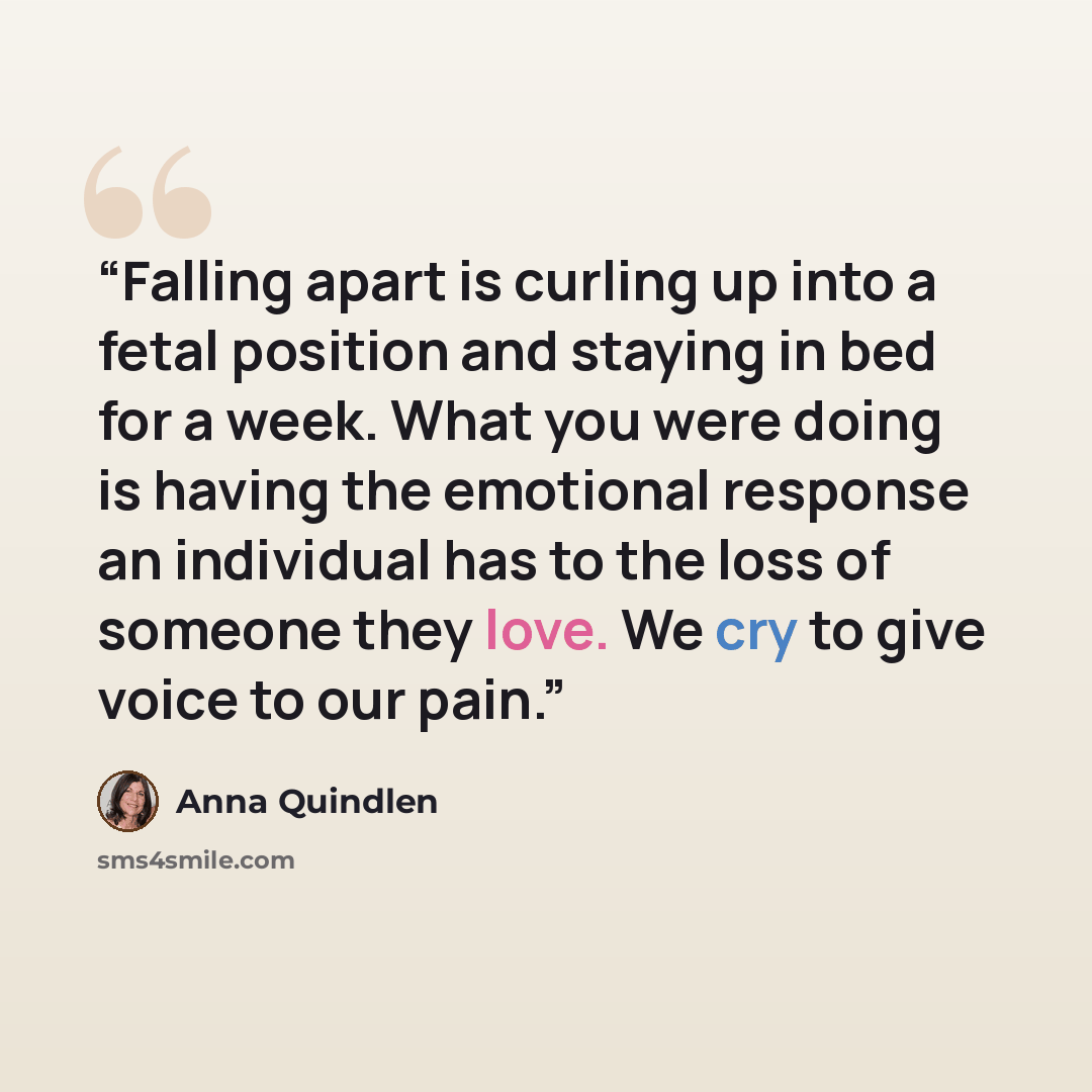 “Falling apart is curling up into a fetal position and staying in bed for a week. What you were doing is having the emotional response an individual has to the loss of someone they love. We cry to give voice to our pain.” quote by Anna Quindlen