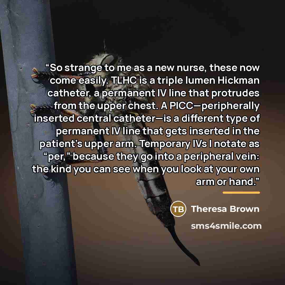 “So strange to me as a new nurse, these now come easily. TLHC is a triple lumen Hickman catheter, a permanent IV line that protrudes from the upper chest. A PICC—peripherally inserted central catheter—is a different type of permanent IV line that gets inserted in the patient’s upper arm. Temporary…” quote by Theresa Brown