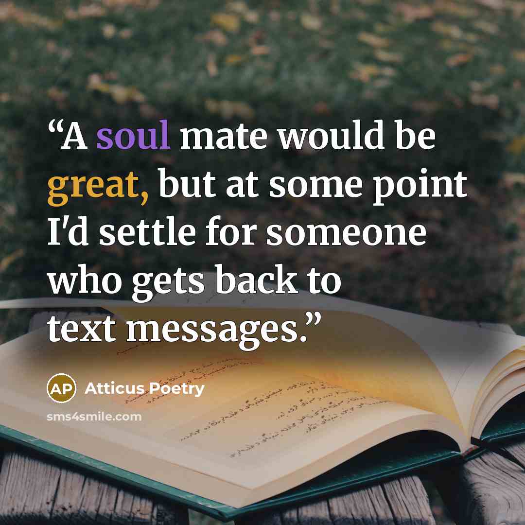 “A soul mate would be great, but at some point I'd settle for someone who gets back to text messages.” quote by Atticus Poetry