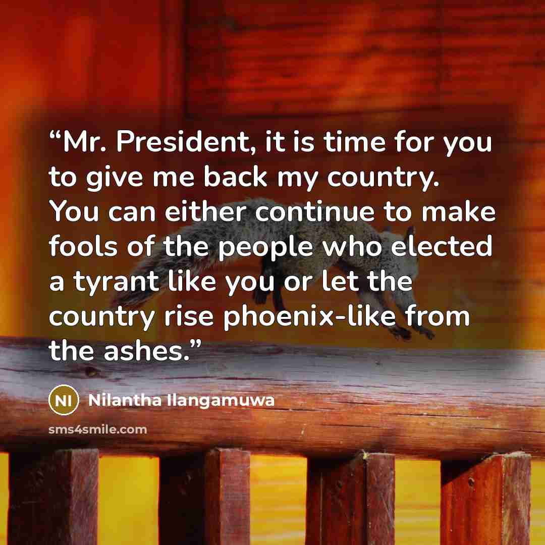 “Mr. President, it is time for you to give me back my country. You can either continue to make fools of the people who elected a tyrant like you or let the country rise phoenix-like from the ashes.” quote by Nilantha Ilangamuwa