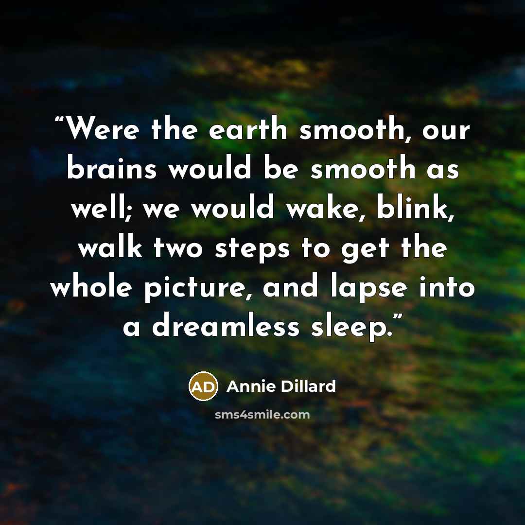 “Were the earth smooth, our brains would be smooth as well; we would wake, blink, walk two steps to get the whole picture, and lapse into a dreamless sleep.” quote by Annie Dillard
