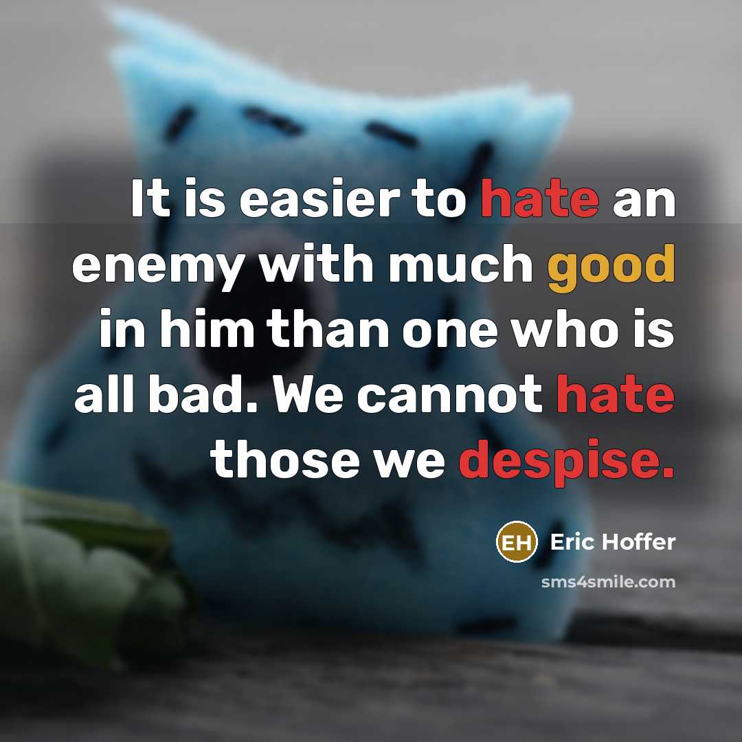 “It is easier to hate an enemy with much good in him than one who is all bad. We cannot hate those we despise.” quote by Eric Hoffer