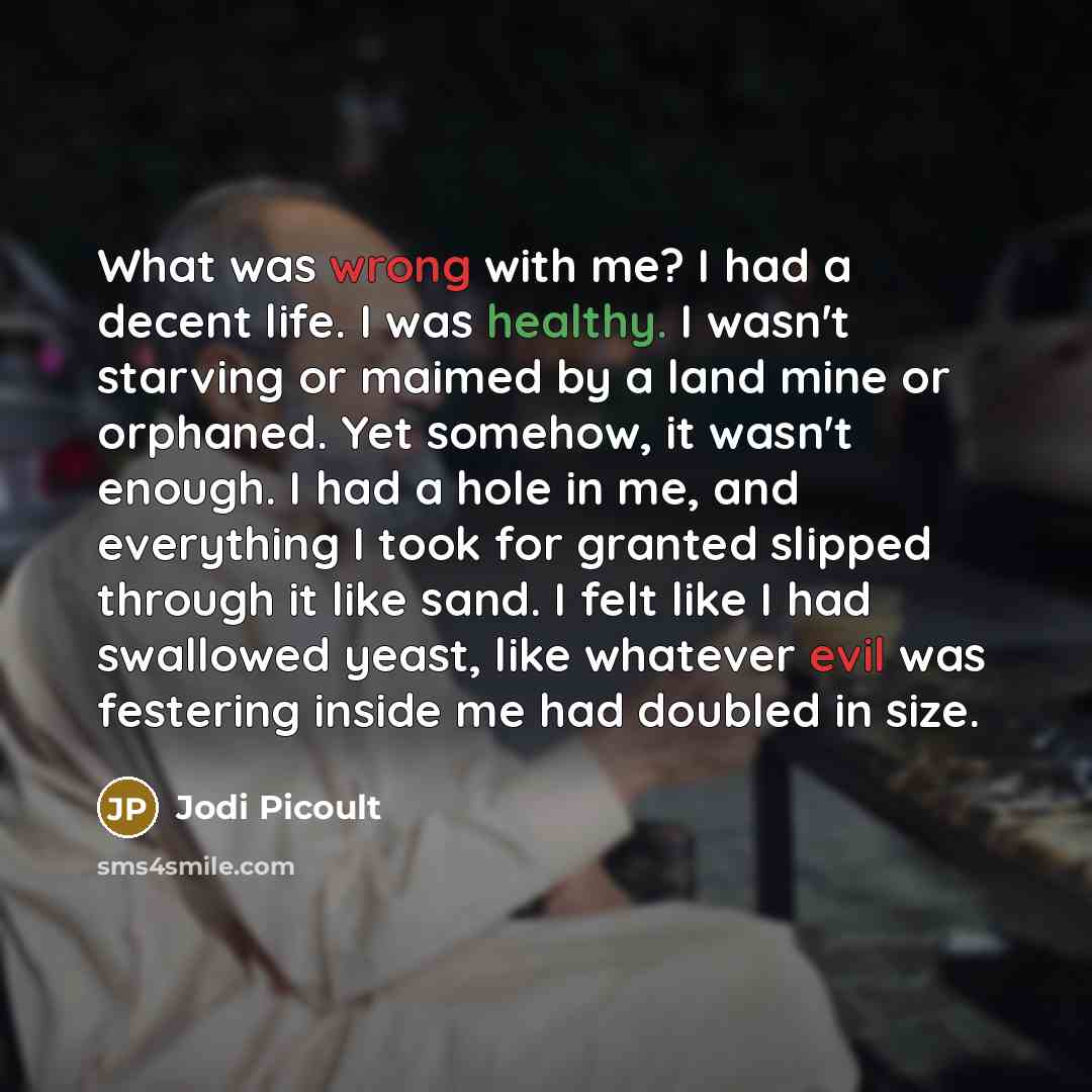 “What was wrong with me? I had a decent life. I was healthy. I wasn't starving or maimed by a land mine or orphaned. Yet somehow, it wasn't enough. I had a hole in me, and everything I took for granted slipped through it like sand. I felt like I had swallowed yeast, like whatever evil was festering…” quote by Jodi Picoult