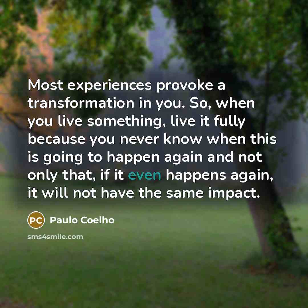 “Most experiences provoke a transformation in you. So, when you live something, live it fully because you never know when this is going to happen again and not only that, if it even happens again, it will not have the same impact.” quote by Paulo Coelho