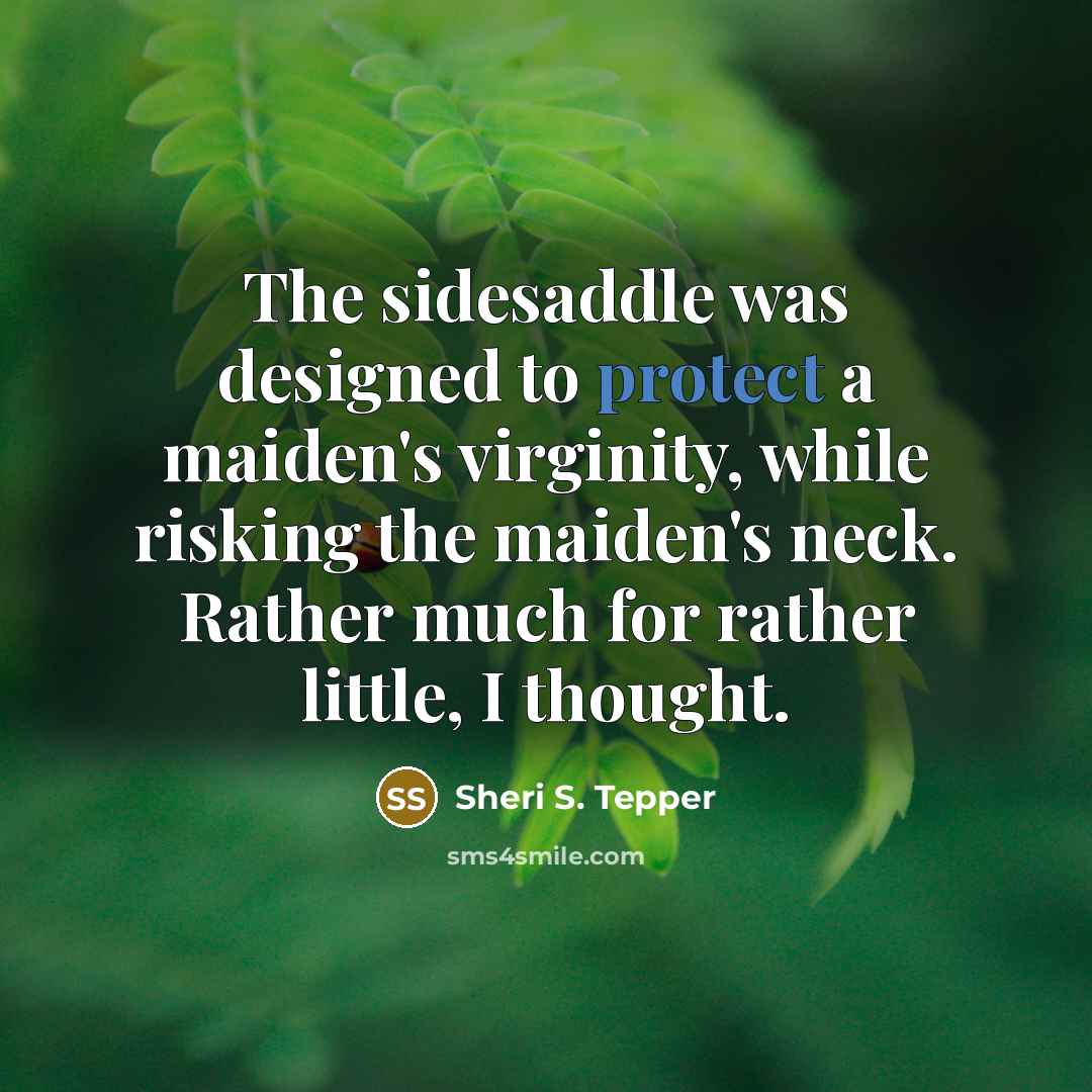“The sidesaddle was designed to protect a maiden's virginity, while risking the maiden's neck. Rather much for rather little, I thought.” quote by Sheri S. Tepper