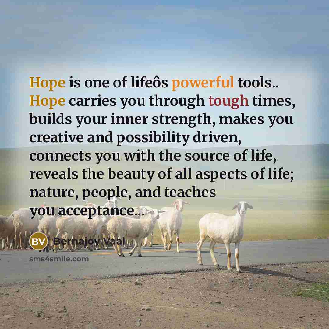 “Hope is one of lifeôs powerful tools.. Hope carries you through tough times, builds your inner strength, makes you creative and possibility driven, connects you with the source of life, reveals the beauty of all aspects of life; nature, people, and teaches you acceptance...” quote by Bernajoy Vaal