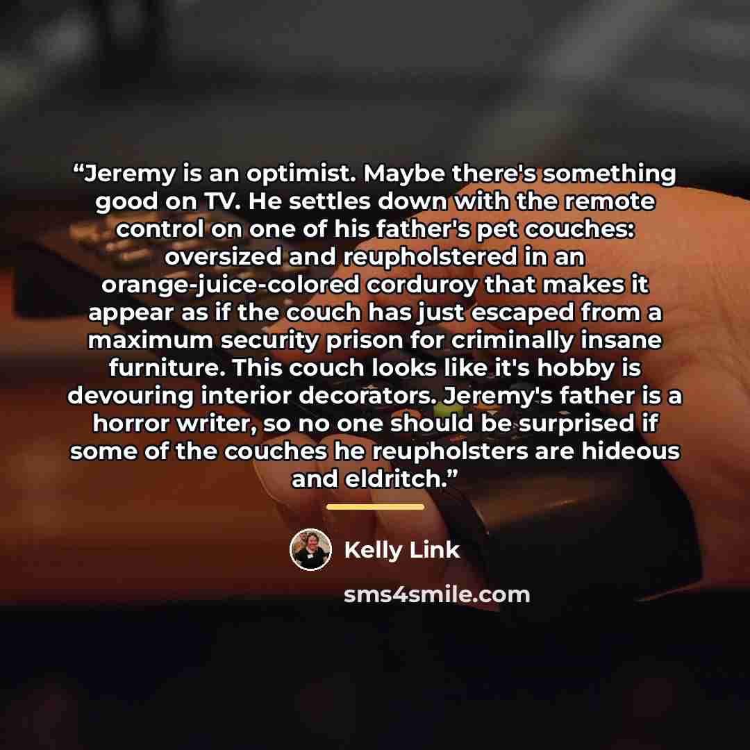 “Jeremy is an optimist. Maybe there's something good on TV. He settles down with the remote control on one of his father's pet couches: oversized and reupholstered in an orange-juice-colored corduroy that makes it appear as if the couch has just escaped from a maximum security prison for criminally…” quote by Kelly Link