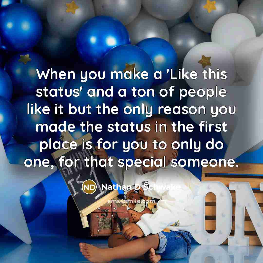 “When you make a 'Like this status' and a ton of people like it but the only reason you made the status in the first place is for you to only do one, for that special someone.” quote by Nathan D Schwake