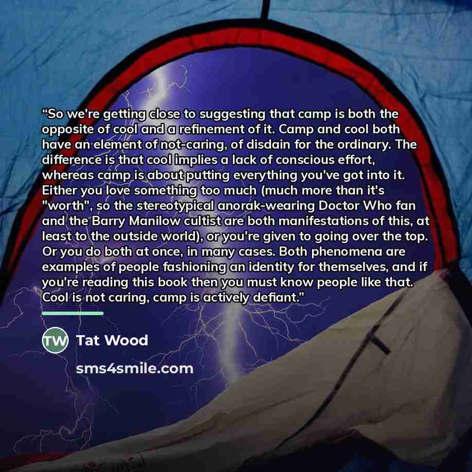 “So we're getting close to suggesting that camp is both the opposite of cool and a refinement of it. Camp and cool both have an element of not-caring, of disdain for the ordinary. The difference is that cool implies a lack of conscious effort, whereas camp is about putting everything you've got…” quote by Tat Wood